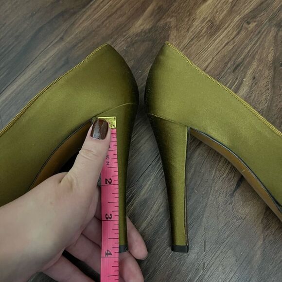 Moschino Olive Satin Bejeweled Platform Heels Size 37 - Picture 3 of 5